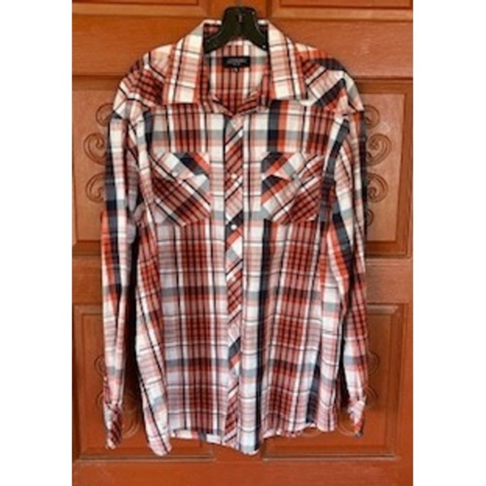 GIOBERTI Plaid Western Shirt  Snap Front‎ Orange Navy White Long Sleeve  Mens XL